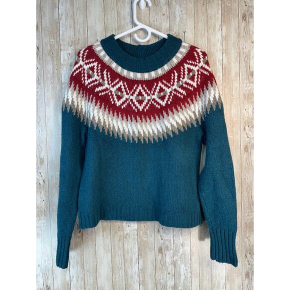 American Eagle Sweater Womens M Teal Blue Tan Mock Neck Fair Isle Knit Pullover - Picture 1 of 8